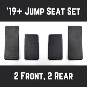 May include: Set of four black jump seats for a vehicle. The set includes two front seats and two rear seats. '19+ JUMP SEAT SET' and '2 FRONT, 2 REAR' are printed on the image.