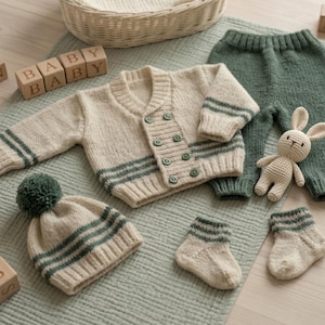May include: A cream-colored knitted baby outfit set with green stripes, including a cardigan, pants, hat, and socks. A small stuffed bunny and wooden blocks spelling "BABY" are also present. The set is arranged on a light green blanket.