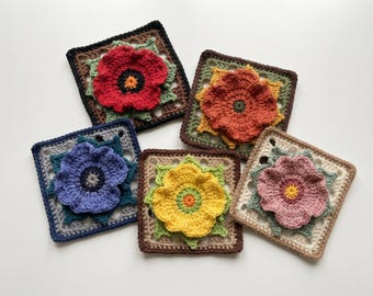 Poppy Granny Square Crochet Pattern | August Birth Flower Motif (PDF Download)