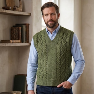 May include: A green cable-knit vest with a V-neck design. The vest features a textured pattern and is worn over a light blue button-down shirt. The overall style is classic and suitable for layering.