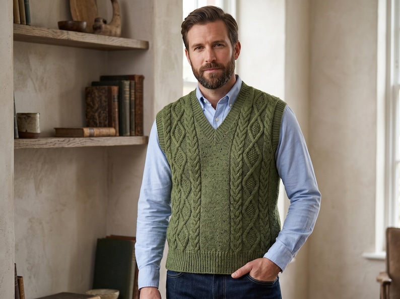 May include: A green cable-knit vest with a V-neck design. The vest features a textured pattern and is worn over a light blue button-down shirt. The overall style is classic and suitable for layering.
