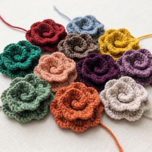 Könnte beinhalten: Eine Sammlung von elf gehäkelten Blumen in verschiedenen Farben, darunter Rot, Blau, Braun, Gelb, Grün, Pfirsich, Lila, Orange und Creme. Jede Blume hat eine spiralförmige Mitte und einen Garnfaden, der aus der Basis herausragt.