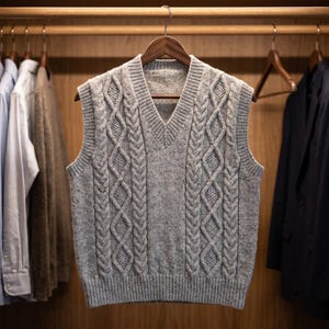 May include: A gray cable-knit sweater vest with a V-neck hangs on a wooden hanger in a closet. Other shirts and jackets are visible on hangers in the background. The vest features a textured, patterned design.