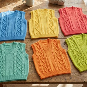 May include: Six cable-knit V-neck sweater vests in various colors: light blue, yellow, coral, green, orange, and teal. The vests are displayed on a wooden surface, showcasing their textured design and vibrant hues.