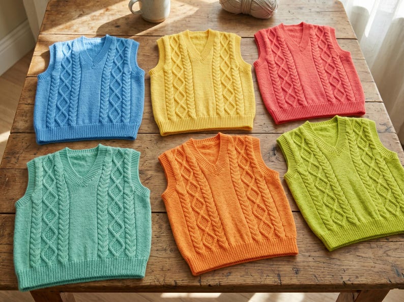 May include: Six cable-knit V-neck sweater vests in various colors: light blue, yellow, coral, green, orange, and teal. The vests are displayed on a wooden surface, showcasing their textured design and vibrant hues.