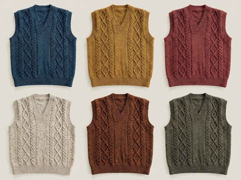 May include: Six cable-knit V-neck sweater vests in various colors: navy blue, mustard yellow, burgundy, light beige, chocolate brown, and olive green. The vests have a classic, textured design.