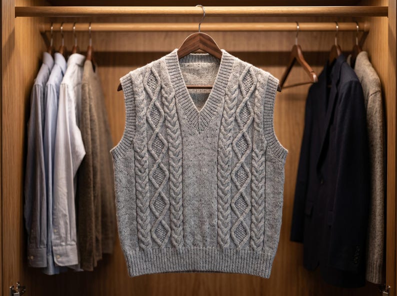 May include: A gray cable-knit sweater vest with a V-neck hangs in a wooden closet. The vest is the focal point, showcasing a detailed pattern. Other garments, including shirts and a blazer, are visible on hangers in the background.