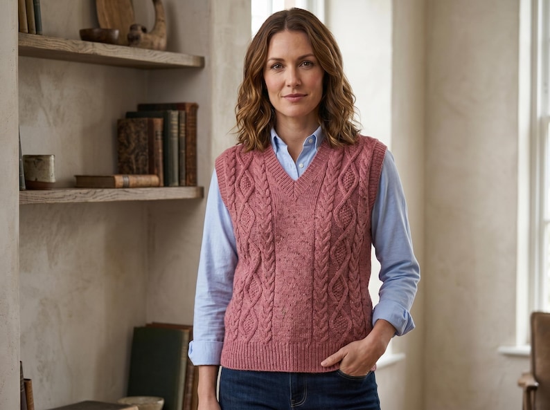 May include: A woman wearing a dusty rose cable-knit sweater vest over a light blue button-down shirt and blue jeans. The vest has a V-neck and intricate cable patterns. The background includes a bookshelf and a window.