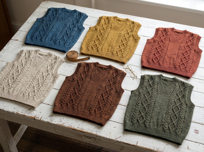 May include: Six cable-knit vests in various colors, including blue, mustard yellow, and rust, are arranged on a white wooden surface. Each vest features a V-neck and a central cable design. A measuring tape and eyeglasses are also present.