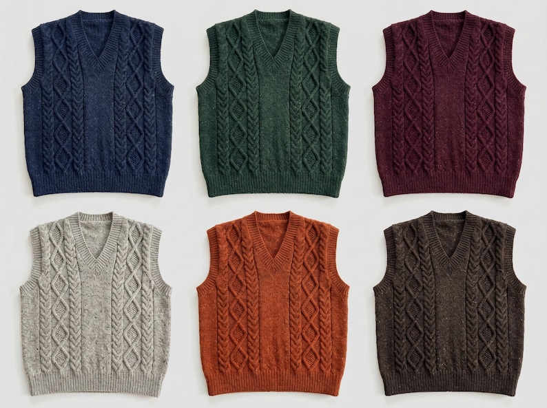 May include: Six cable-knit V-neck sweater vests in various colors: navy blue, green, burgundy, grey, orange, and brown. Each vest features a classic cable-knit design and a ribbed hem.