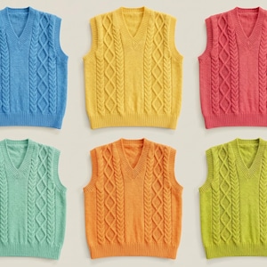 May include: Six cable-knit V-neck sweater vests in various colors: light blue, yellow, red, green, orange, and lime green. The vests have a classic cable-knit design and a ribbed hem.