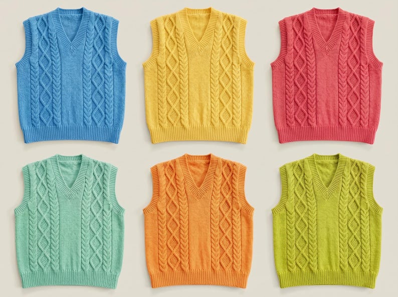 May include: Six cable-knit V-neck sweater vests in various colors: light blue, yellow, red, green, orange, and lime green. The vests have a classic cable-knit design and a ribbed hem.