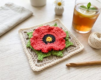 August Poppy Crochet Granny Square Pattern | Floral Motif (PDF Download)