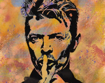 May include: A colorful pop art portrait of a person with a finger over their lips, suggesting silence. The artwork features a halftone dot pattern and a vibrant palette of orange, yellow, black, and purple. The portrait is a stylized representation.