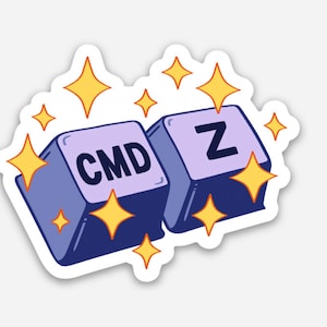 Op de afbeelding: Een sticker met twee paarse computertoetsen, een met het label "CMD" en de andere met "Z", omringd door gele sterren.