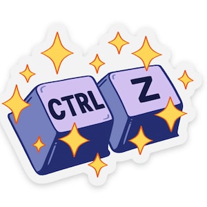 Könnte beinhalten: Ein Aufkleber mit einer blauen und violetten Tastaturtaste mit dem Text "CTRL" und einer blauen und violetten Tastaturtaste mit dem Text "Z". Die Tasten sind von gelben Sternen umgeben.
