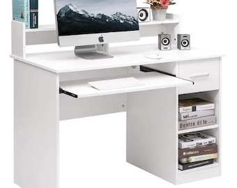 study table organizer Computer Desk Home Office Workstation Laptop Study Table with Drawer Keyboard Tray, White