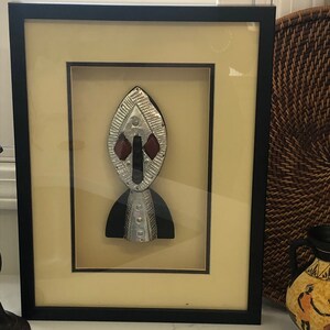 African Artifact Shadow Box Made Of Metal & Stone Mask