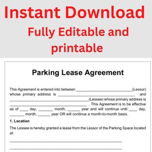 fully Editable Parking Space Lease Agreement template I Easy and Simple l 2 pages