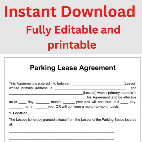 fully Editable Parking Space Lease Agreement template I Easy and Simple l 2 pages