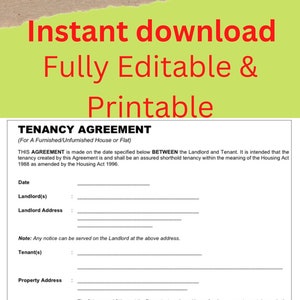 Puede incluir: Una plantilla imprimible de contrato de arrendamiento con el texto "Descarga instantánea Totalmente editable e imprimible" en rojo. El documento incluye campos para la fecha, el arrendador, el inquilino, la dirección y los términos del alquiler.