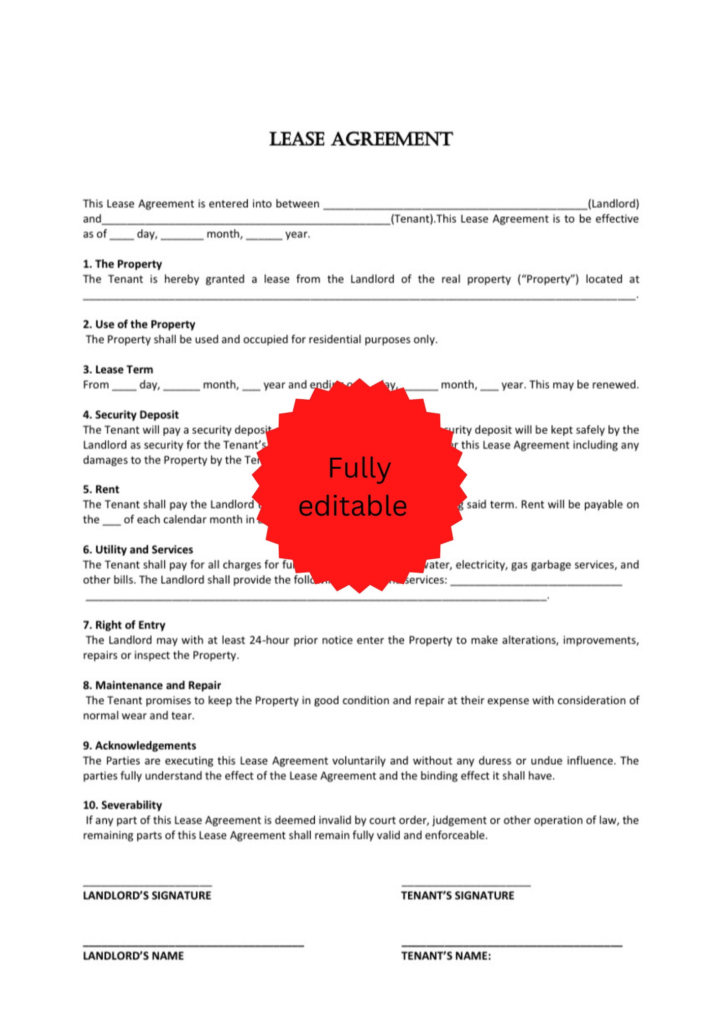 Fully Editable Simple One Page Lease Agreement Template 2023 New Etsy