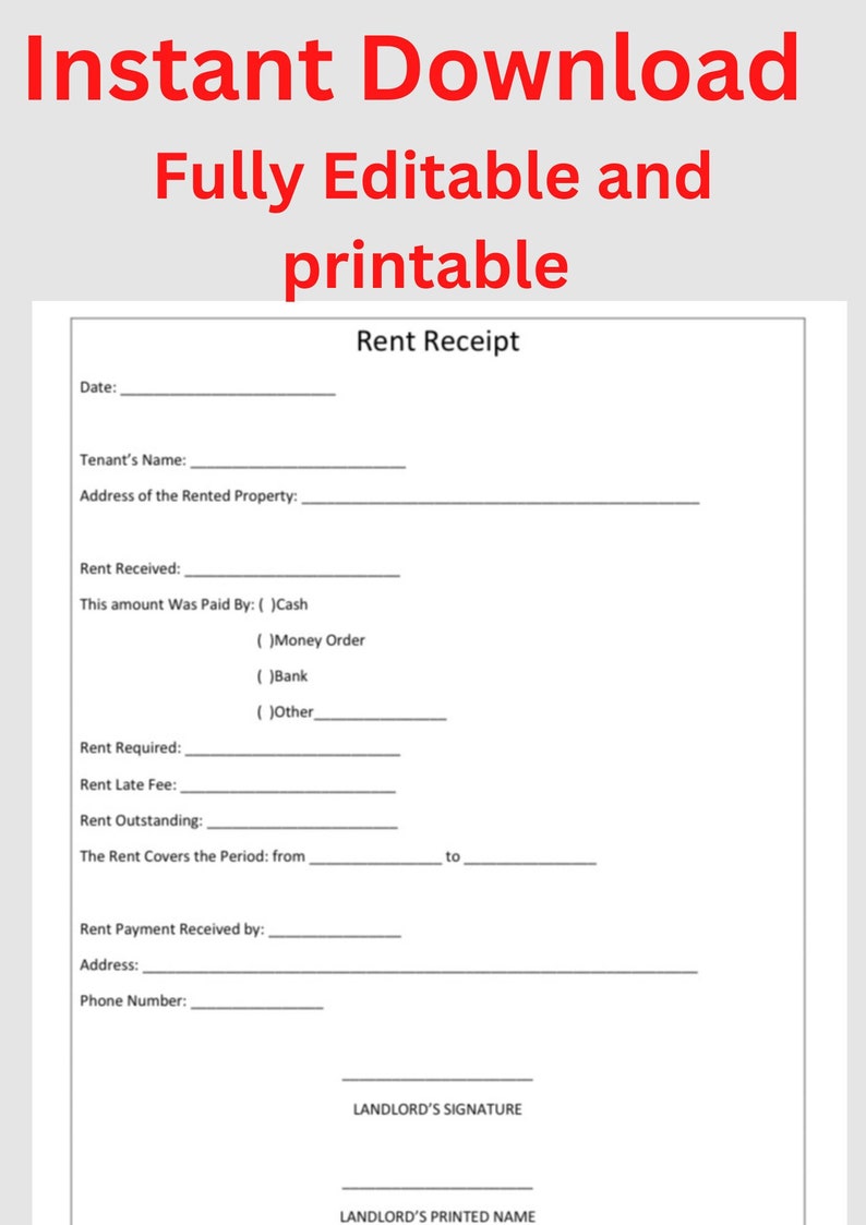 Home Rent Recieved Fully Editable Landlord Rent Receipt Template I Tenant Rent Payment ...