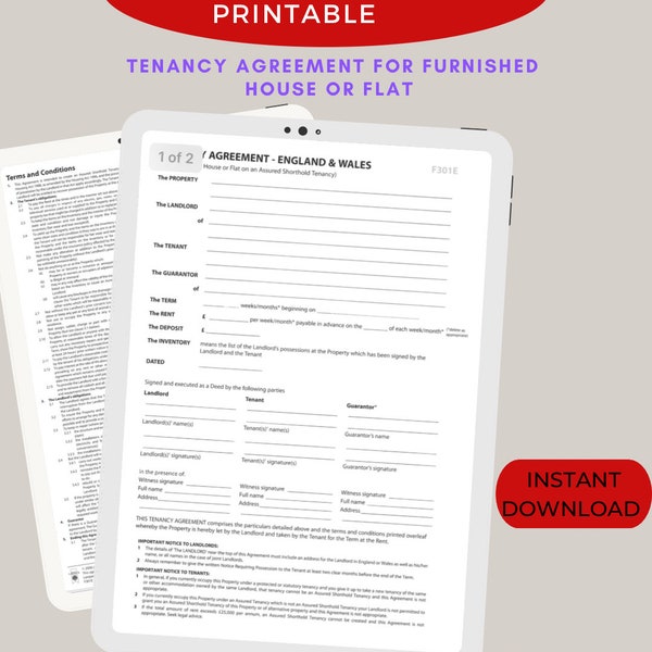 Tenancy agreement for furnished house/flat in England and Wales