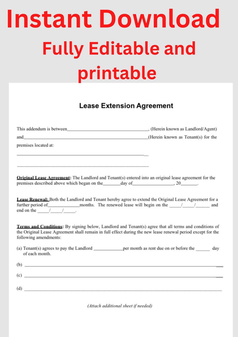 Fully Editable Lease Extension Agreement Residential and Commercial Lease Renewal Agreement