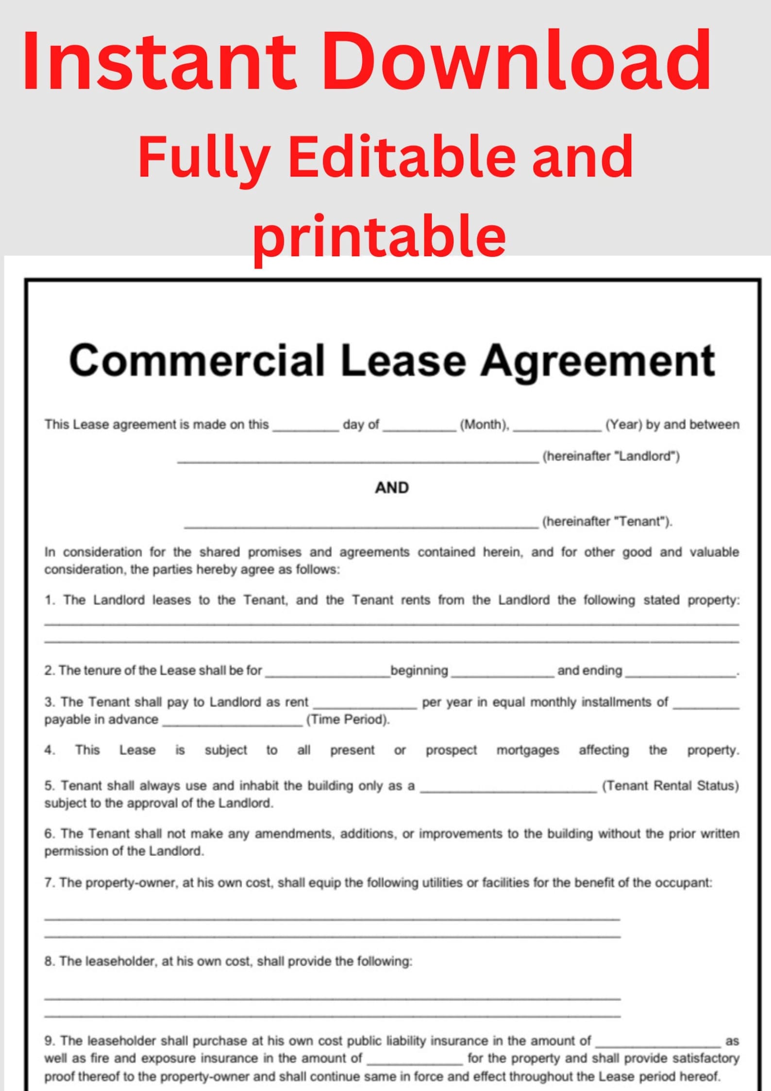 Fully Editable Commercial Lease Agreement Template I 2 Pages L Easy and ...