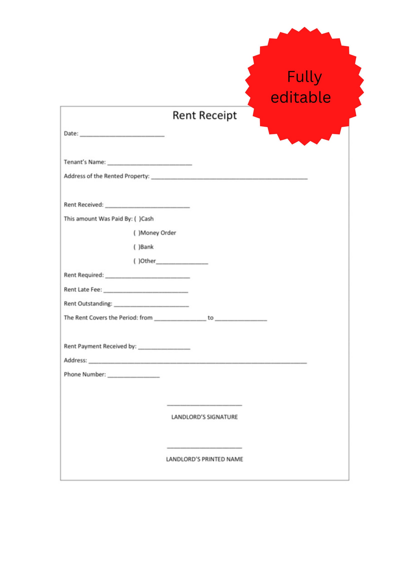 Fully Editable Landlord Rent Receipt Template I Tenant Rent Payment