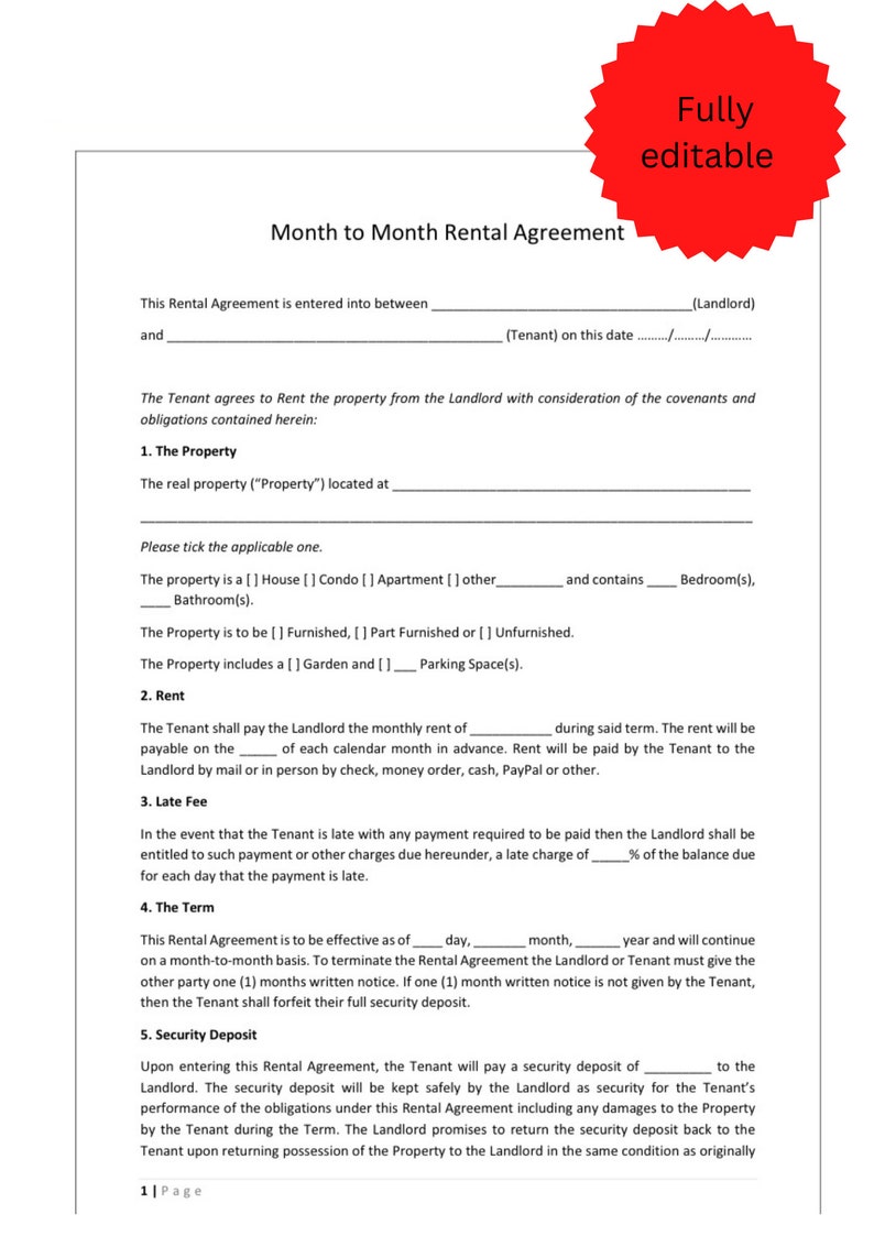 Month to Month Rental Agreement New Edition 2024 5 Pages Fully Editable
