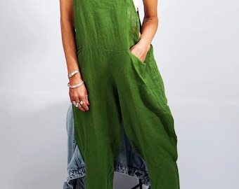 Linen Tie Up Dungarees One Size UK 10-16 Made in Italy Clothing