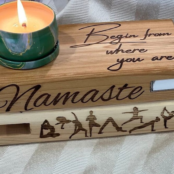Candle holder Engraved Cedar Candle Holder Yoga & Inspiration Collection Great anytime gift Includes candle and Matches with Slot to store