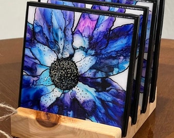 Coasters Rock your day with these blue purple floral original ink art Set of 4 With Holder included Cedar Holder coaster set great display.