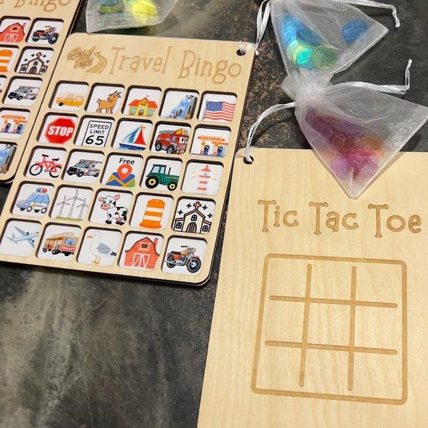 Wooden Road Trip Bingo Board with Tic Tac Toe: Family Travel Game