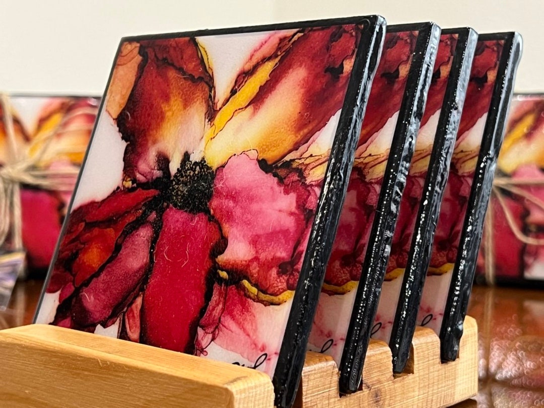 Coasters Original Ink Art Design Floral Coaster Set of 4 W/holder to