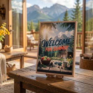 May include: A rectangular wooden sign featuring a printed landscape scene of a mountain cabin, a basket of green apples, sunglasses, and a mug on a wooden table. The text WELCOME and FUN SUMMER is printed in dark blue and orange script across the center.