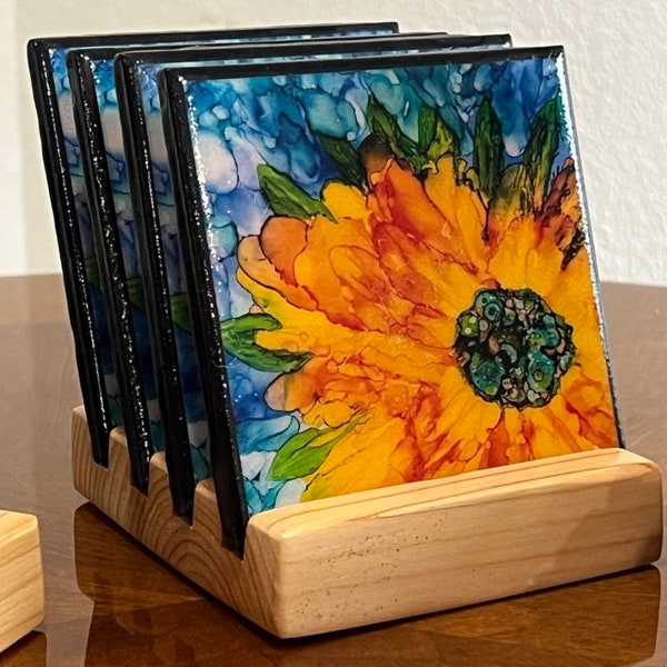 Coasters Original Ink Art Design Floral  Set of 4 with Cedar holder to display your work of Art Sunflower design to upgrade your Décor!