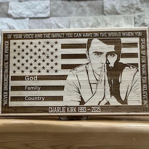 Charlie Kirk Tribute Plaques - Solid Maple Laser Engraved "God Family Country" & Divine Ripple Checklist