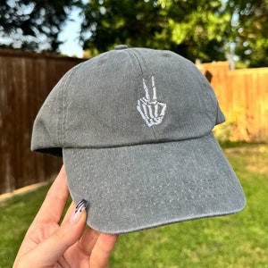 Custom Spooky Vibes Embroidered Skeleton Hand Dad Hat,  Adjustable Cap, Spooky Halloween Accessories, Peace Sign, Baseball Hat, Gift for Her