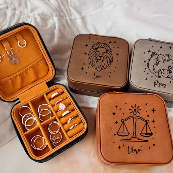 Zodiac Constellation Jewelry Case | Zodiac Sign Gift | Personalized Birthday | Leather Jewelry Travel Case | Engraved Gifts | Gift for her