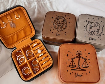 Dierenriem sterrenbeeld sieradendoosje | Dierenriemteken cadeau | Gepersonaliseerde verjaardag | Leren sieraden reisetui | Gegraveerde geschenken | Cadeau voor haar