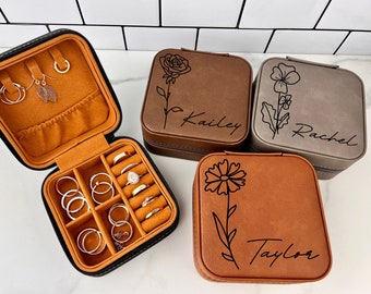 Custodia da viaggio per gioielli con fiori di nascita, regalo di fiori del mese di nascita, regalo di compleanno personalizzato, custodia da viaggio per gioielli in pelle, custodia per gioielli personalizzata