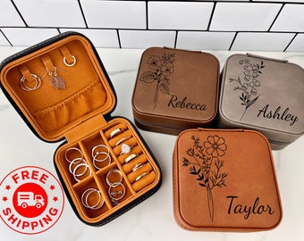 Custodia da viaggio per gioielli con fiori di nascita, regalo di fiori del mese di nascita, regalo di compleanno personalizzato, custodia da viaggio per gioielli in pelle, custodia per gioielli personalizzata
