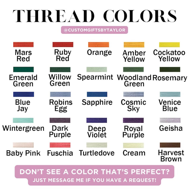 May include: A color chart displaying thread colors with names like Mars Red, Emerald Green, and Blue Jay. The chart includes a variety of shades, from vibrant oranges and yellows to deep purples and browns. Text at the top reads "THREAD COLORS".