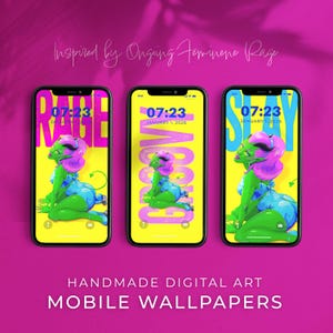 May include: Three smartphones displaying digital art wallpapers. Each features a green figure with purple hair and blue clothing. The text "RAGE", "GROOVE", and "SLAY" are displayed on each phone. The text "HANDMADE DIGITAL ART MOBILE WALLPAPERS" is at the bottom.