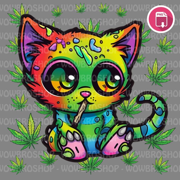 Trippy Weed Cat, 2 DESIGNS, 420 PNG, Cannabis PNG, T-Shirt Design png, Print On Demand Design, 420 Alien, Marijuana png