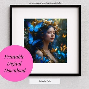 Butterfly Fairy Wall Print  Wall Art - Wall Decor - AI- Digital Art- Digital Download - Beautiful Fairy in the Garden of Flowers
