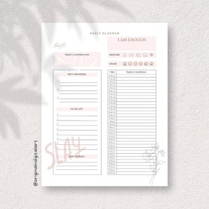 Daily Personal Planner, Boho Digital download Daily planner, Hourly Planner, Time Blocking Template, Inspirational, Slay, I am Enough